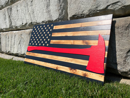 Wood American Flag | Handmade | 50-star Union | Black & White w/ Red Firefighter Axe